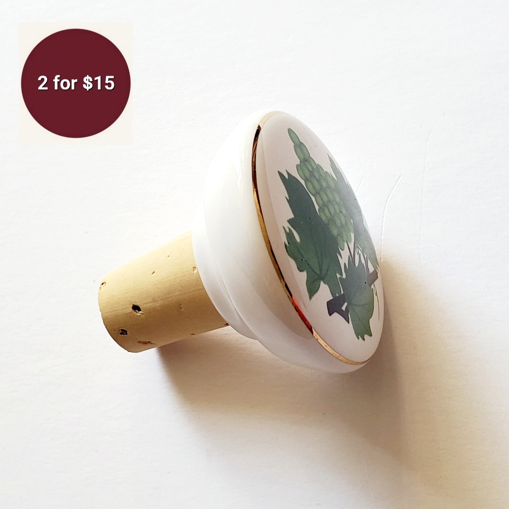 Ceramic with Cork Bottle Topper - Grape Leaves Design